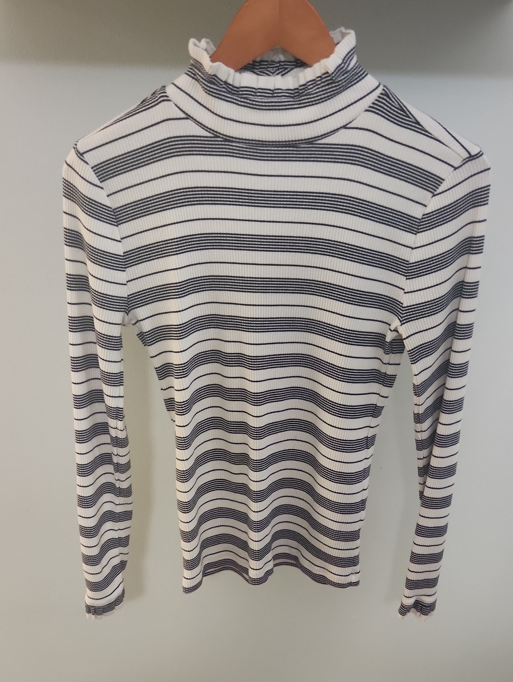 J. Crew Black & White Striped Ruffle Mock Neck Long-Sleeve Top